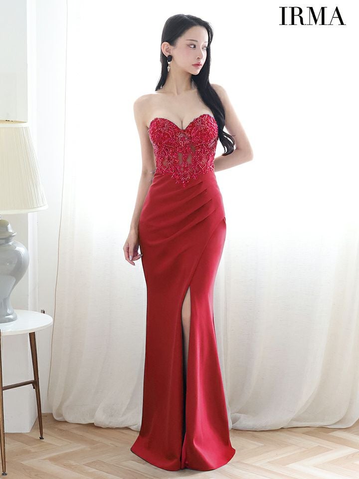IRMA イルマ ワンカラー/ショールチョーカー付き/2way/刺繍/スリット入り/タイト ロングドレス ir51899-c