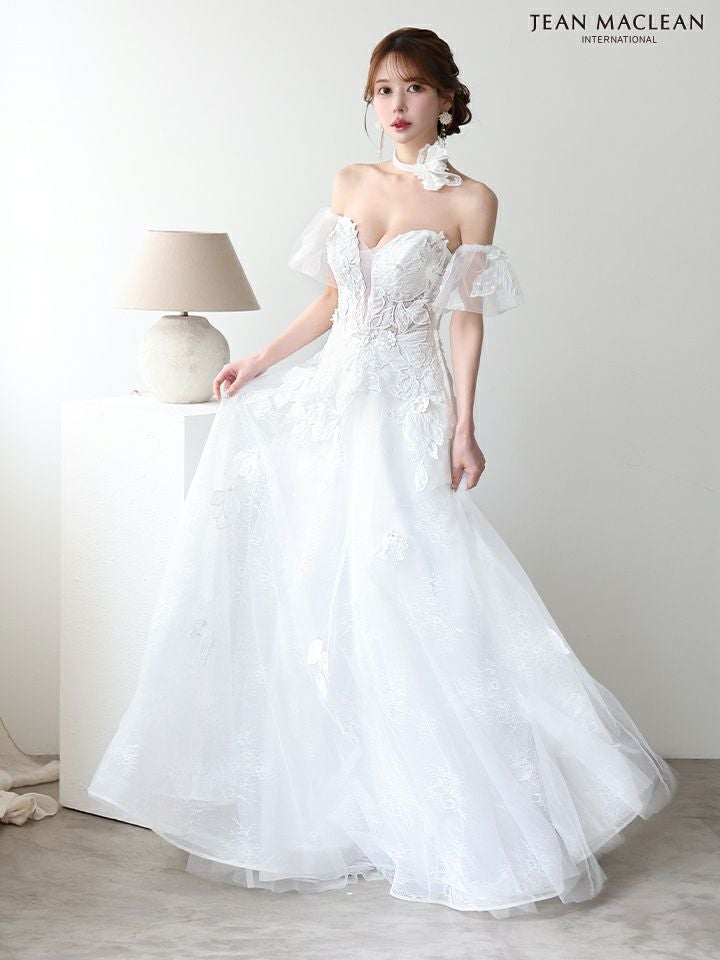 JEAN MACLEAN ジャンマクレーン フラワーコサージュチョーカー付き/ワンカラー/パフスリーブ/刺繍/姫/ロングドレス ja51906-c