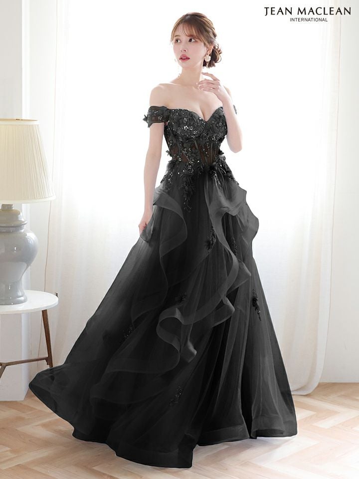 JEAN MACLEAN ジャンマクレーン 立体フラワーモチーフ/オフショル/ウェーブチュール/姫/ロングドレス ja51907-c