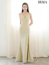 IRMA イルマ ワンカラー/シアーショルダー/ウエストポイントビジュー/スリット入り/タイト ロングドレス ir51900-c