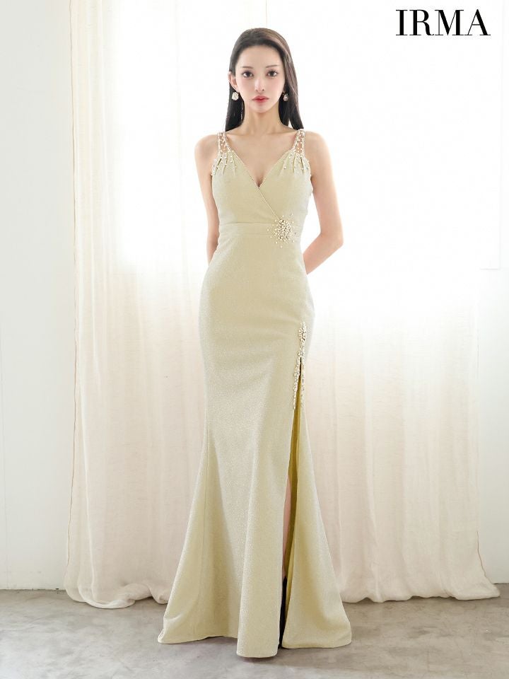 IRMA イルマ ワンカラー/シアーショルダー/ウエストポイントビジュー/スリット入り/タイト ロングドレス ir51900-c