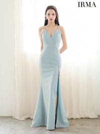 IRMA イルマ ワンカラー/シアーショルダー/ウエストポイントビジュー/スリット入り/タイト ロングドレス ir51900-c