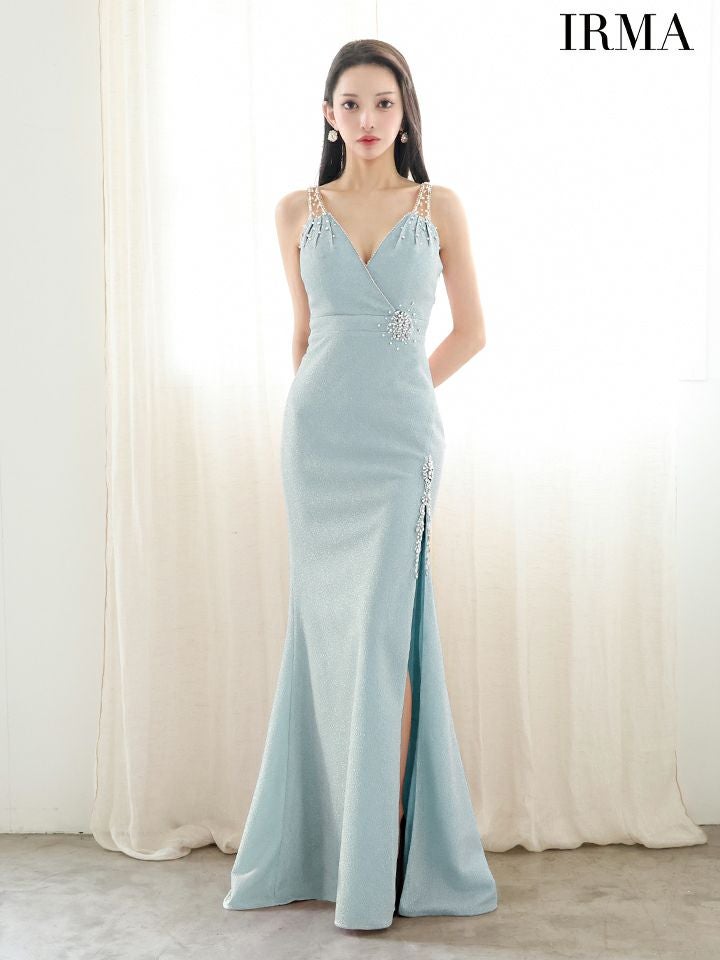 IRMA イルマ ワンカラー/シアーショルダー/ウエストポイントビジュー/スリット入り/タイト ロングドレス ir51900-c