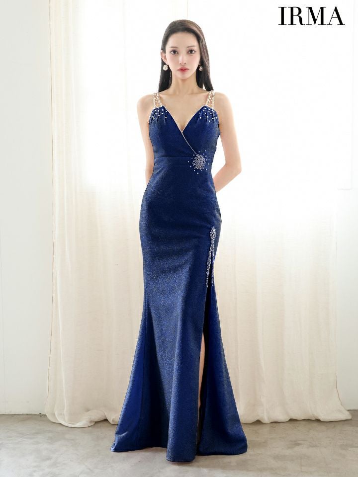 IRMA イルマ ワンカラー/シアーショルダー/ウエストポイントビジュー/スリット入り/タイト ロングドレス ir51900-c
