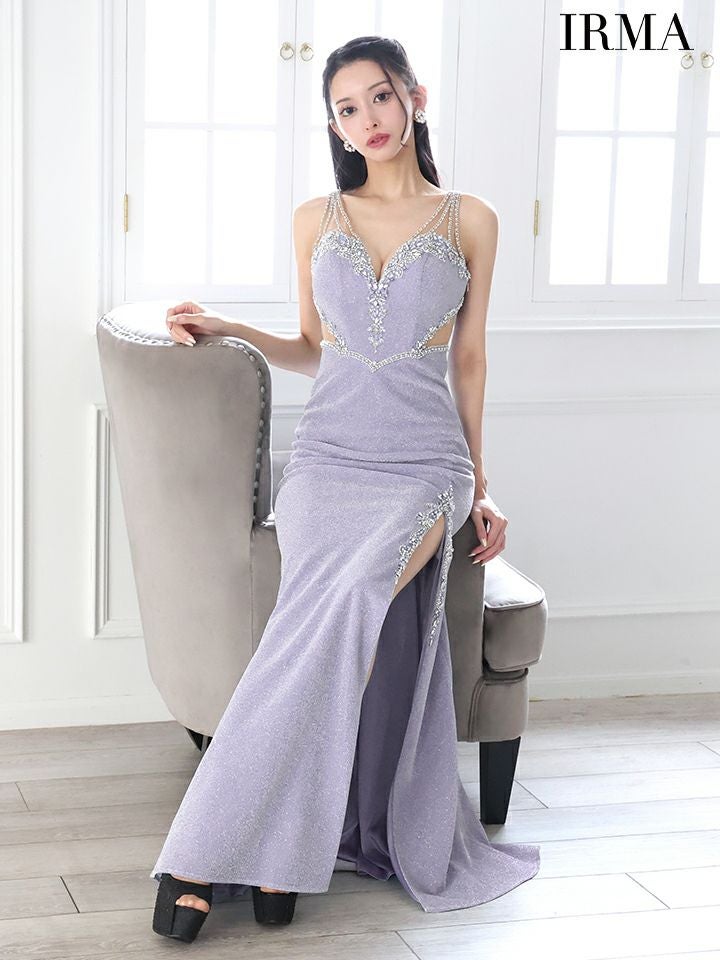 IRMA イルマ ワンカラー/ラメニット/カットアウト/ビジュー/スリット入り/タイト ロングドレス ir51901-c