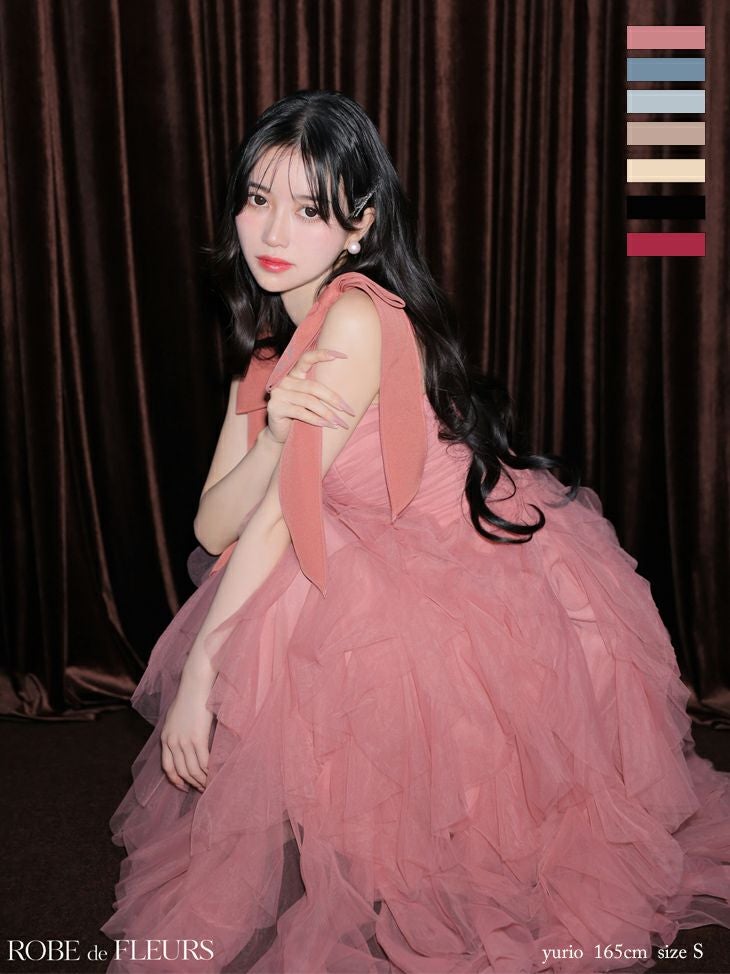 ROBE de FLEURS ローブドフルール ボリュームチュールショルダーリボンフレアロングドレス fm3463-c