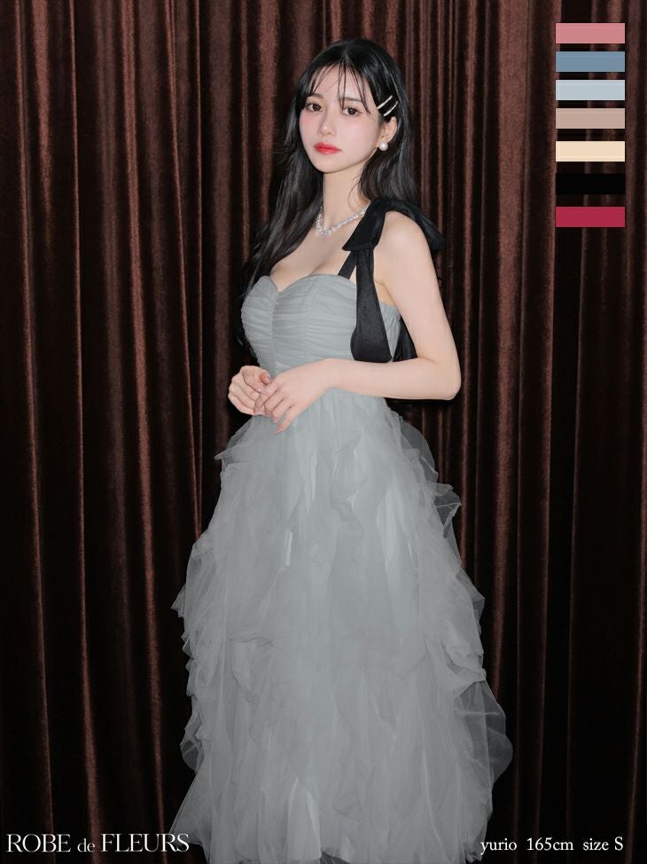 ROBE de FLEURS ローブドフルール ボリュームチュールショルダーリボンフレアロングドレス fm3463-c