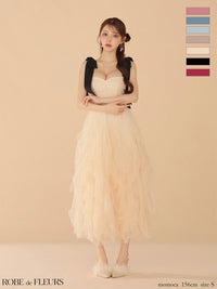 ROBE de FLEURS ローブドフルール ボリュームチュールショルダーリボンフレアロングドレス fm3463-c