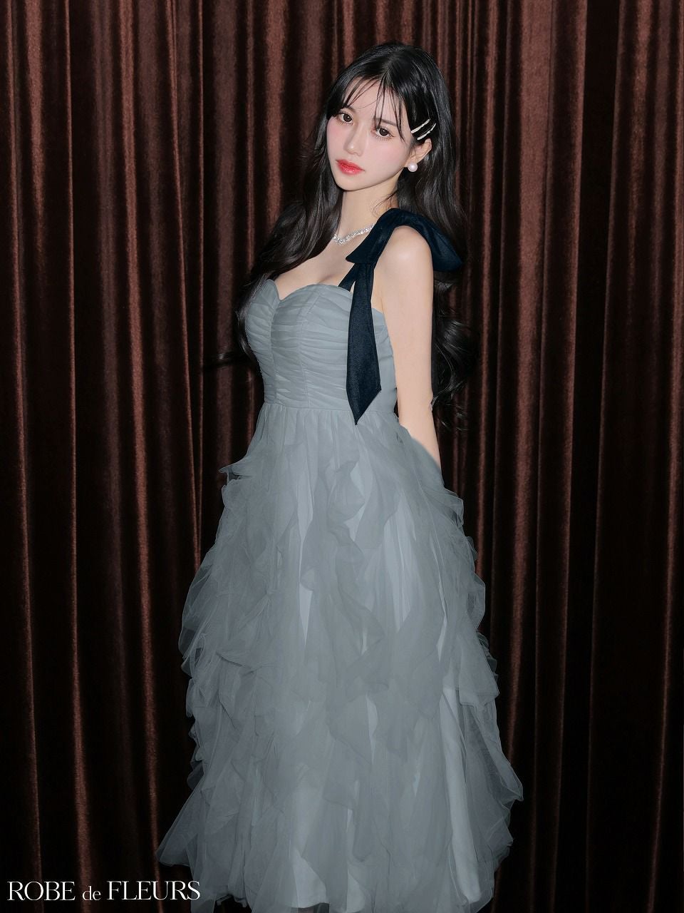 ROBE de FLEURS ローブドフルール ボリュームチュールショルダーリボンフレアロングドレス fm3463-c
