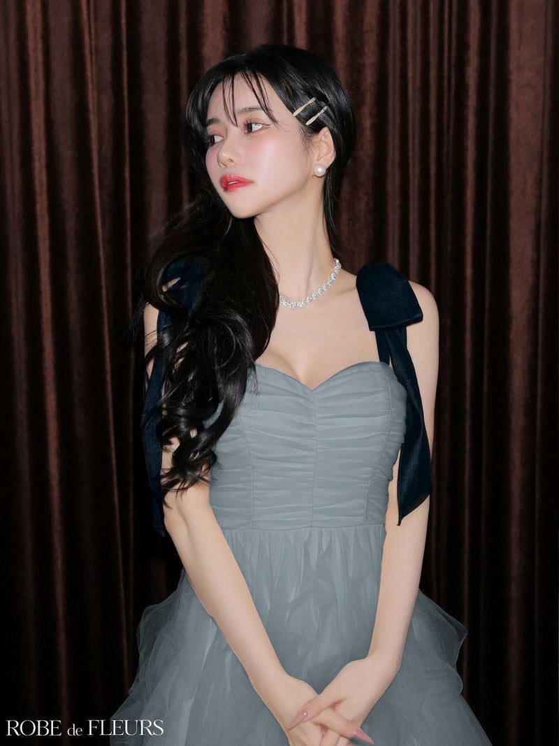 ROBE de FLEURS ローブドフルール ボリュームチュールショルダーリボンフレアロングドレス fm3463-c