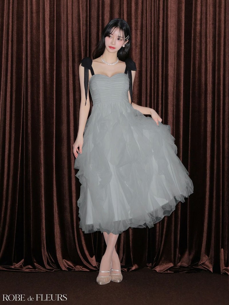 ROBE de FLEURS ローブドフルール ボリュームチュールショルダーリボンフレアロングドレス fm3463-c