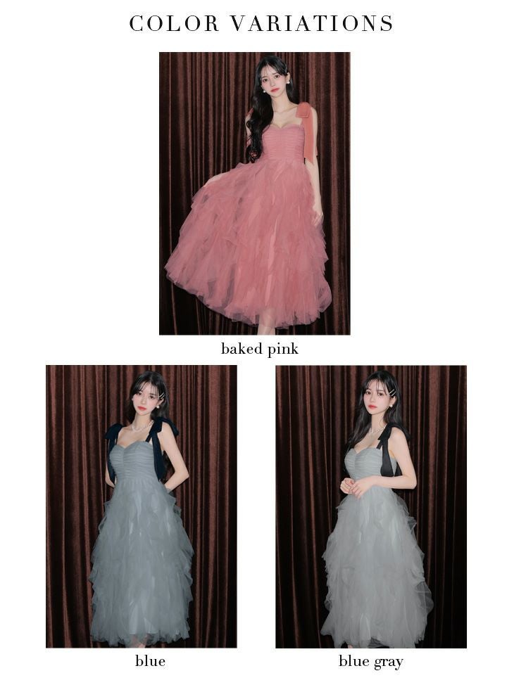 ROBE de FLEURSボリュームチュールショルダーリボンフレアロングドレス XS～Lサイズあり】ボリュームチュールショルダーリボンフレアロング