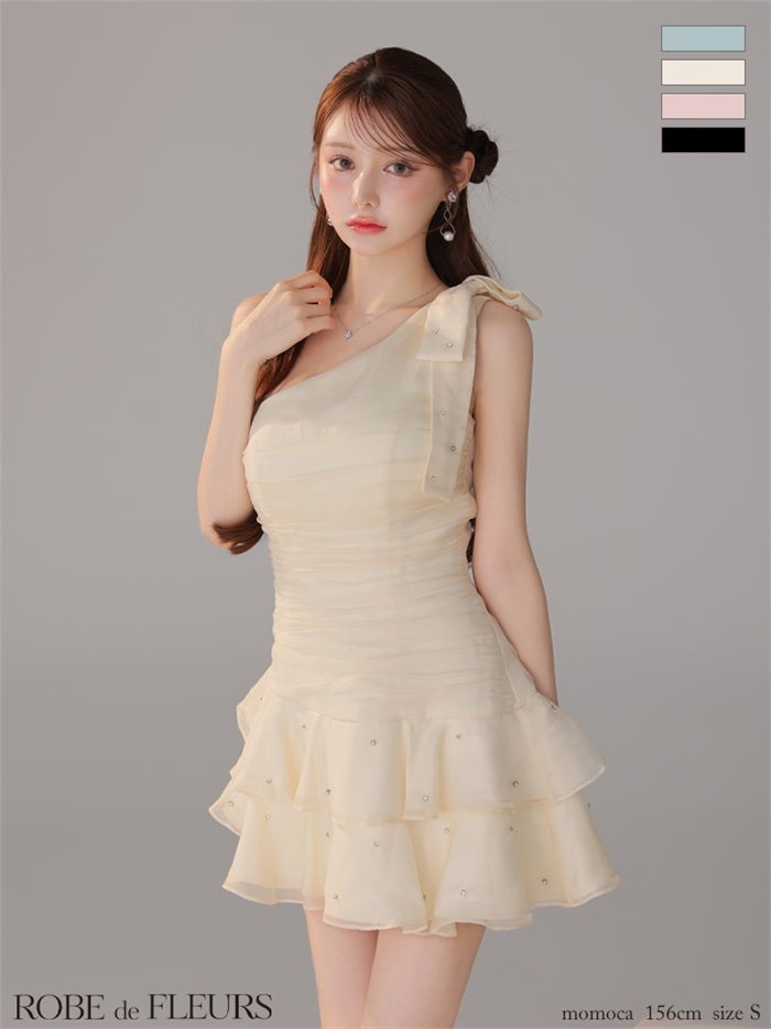 ローブドフルール サテンワンショルダーリボンティアードフレアミニキャバドレス ROBE de FLEURS ローブドフルール 【XSサイズあり】サテンワン