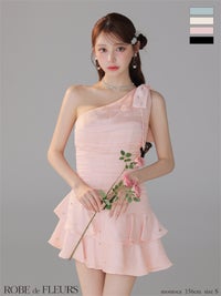 ROBE de FLEURS ローブドフルール 【XSサイズあり】サテンワンショルダーリボンティアードフレアミニキャバドレス fm4322-c