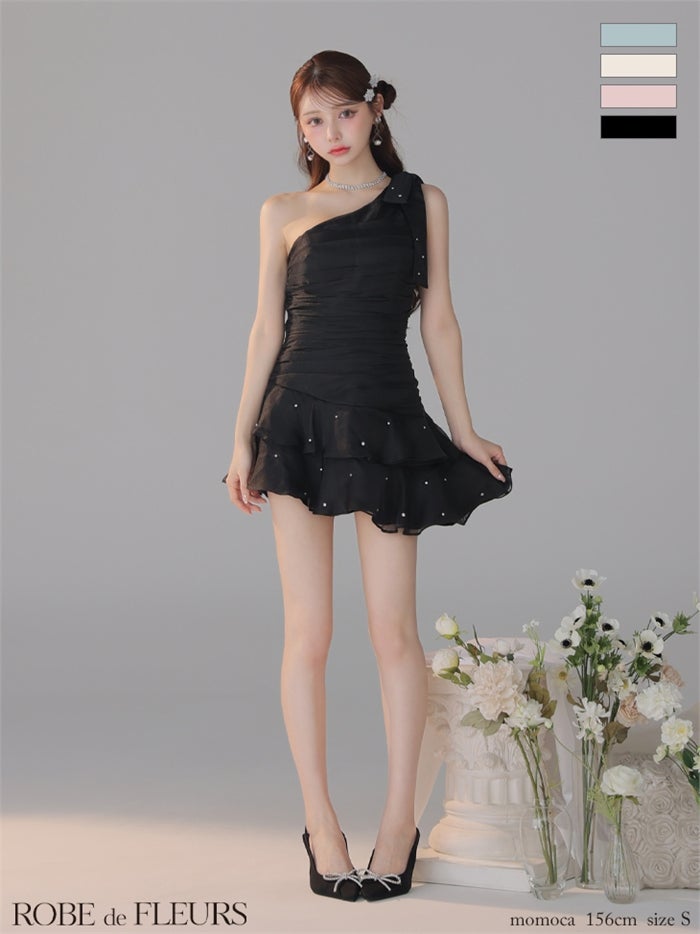 ROBE de FLEURS ローブドフルール 【XSサイズあり】サテンワンショルダーリボンティアードフレアミニキャバドレス fm4322-c