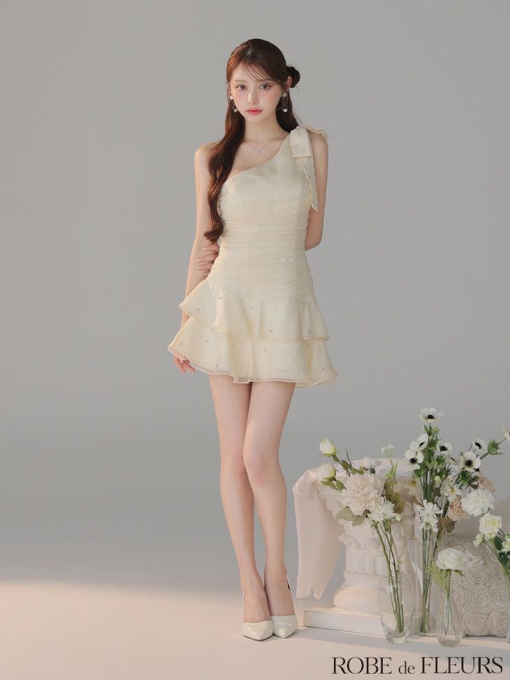 ROBE de FLEURS ローブドフルール サテンワンショルダーリボンティアードフレアミニキャバドレス fm4322-c