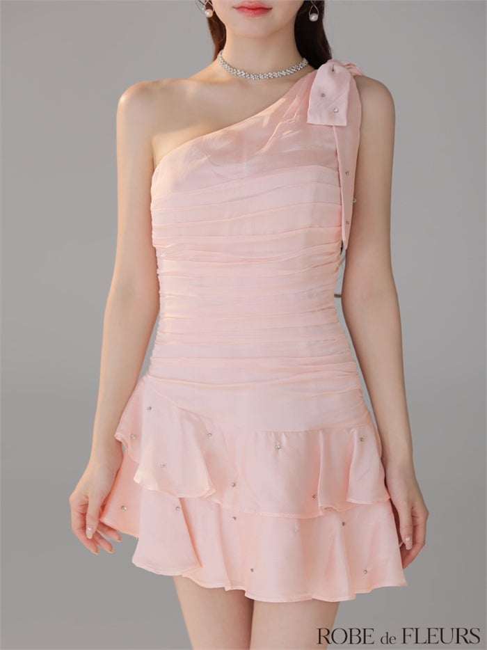 ROBE de FLEURS ローブドフルール 【XSサイズあり】サテンワンショルダーリボンティアードフレアミニキャバドレス fm4322-c