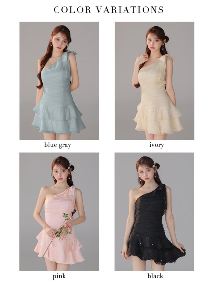 ROBE de FLEURS ローブドフルール 【XSサイズあり】サテンワンショルダーリボンティアードフレアミニキャバドレス fm4322-c