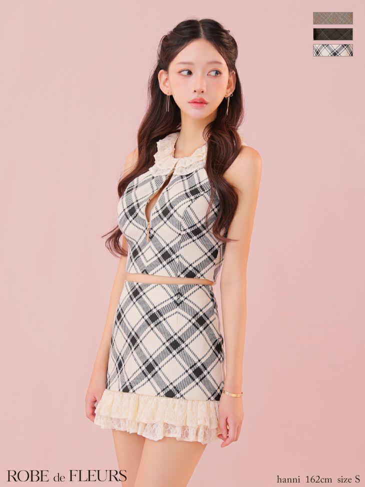 ROBE de FLEURS ローブドフルール レースチェックバストジップセットアップミニキャバドレス fm4222-c