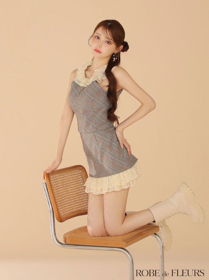 ROBE de FLEURS ローブドフルール レースチェックバストジップセットアップミニキャバドレス fm4222-c