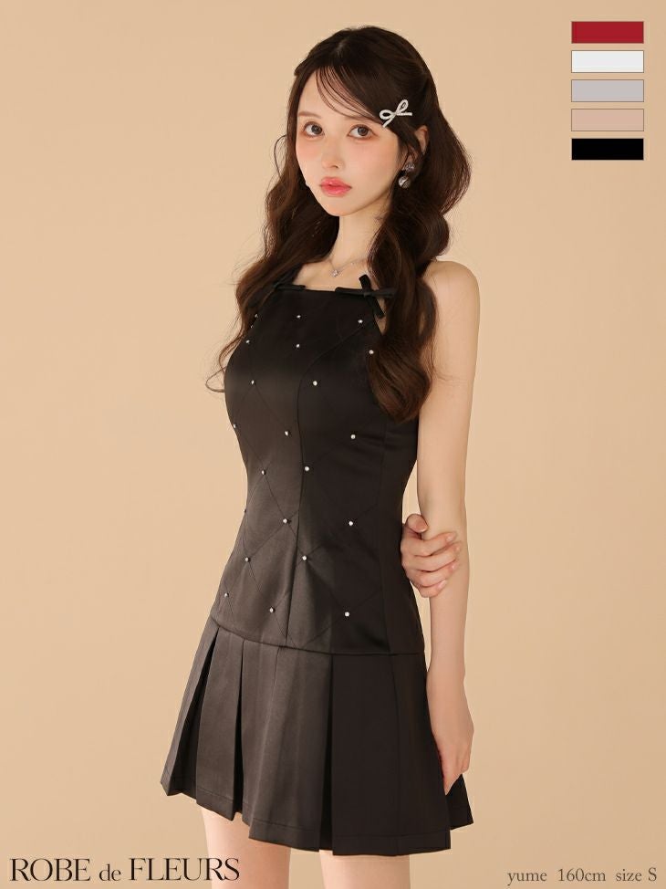 ROBE de FLEURS ローブドフルール サテンビジューリボンボックスプリーツミニキャバドレス fm3399