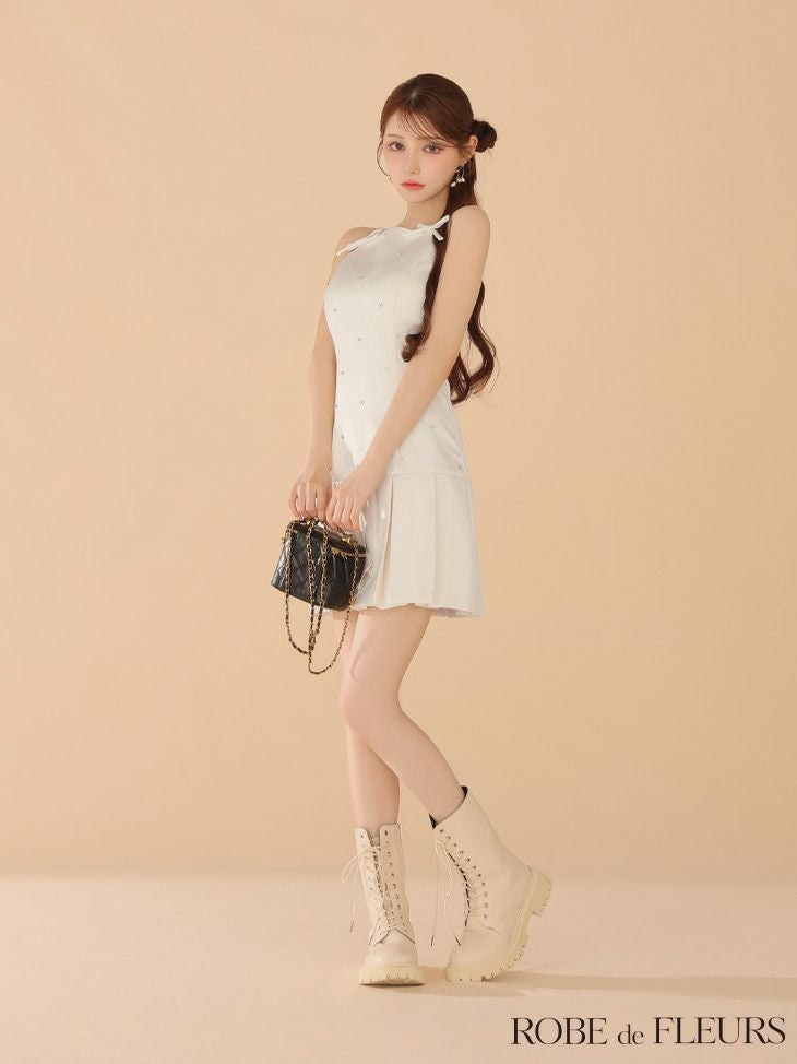 ROBE de FLEURS ローブドフルール サテンビジューリボンボックスプリーツミニキャバドレス fm3399