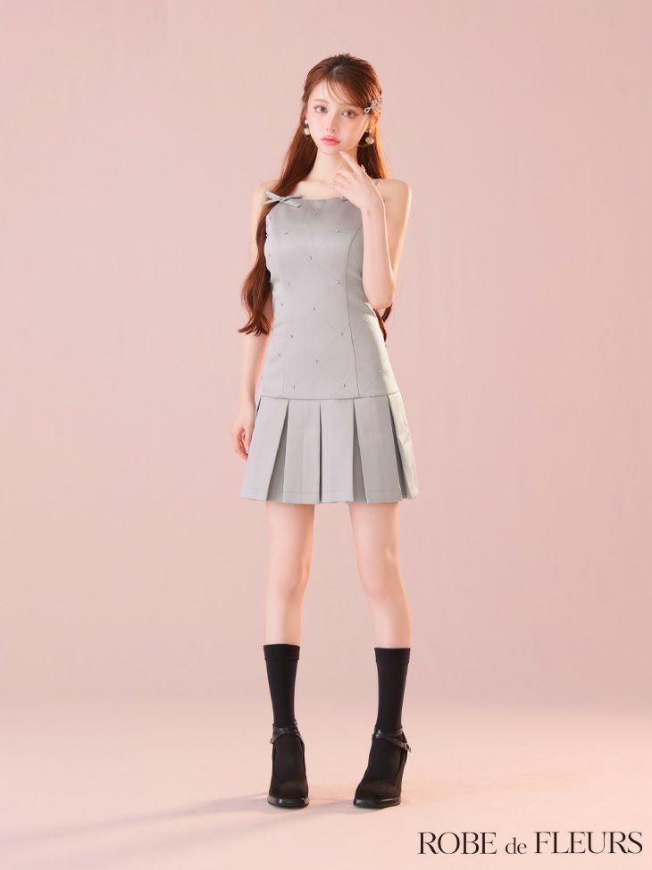 ROBE de FLEURS ローブドフルール サテンビジューリボンボックスプリーツミニキャバドレス fm3399
