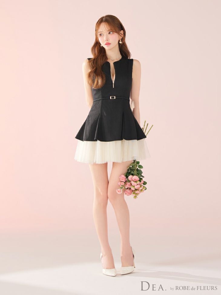 DEA. ディア バイ ローブドフルール ノースリーブベルトデザインチュールミニキャバドレス de3444