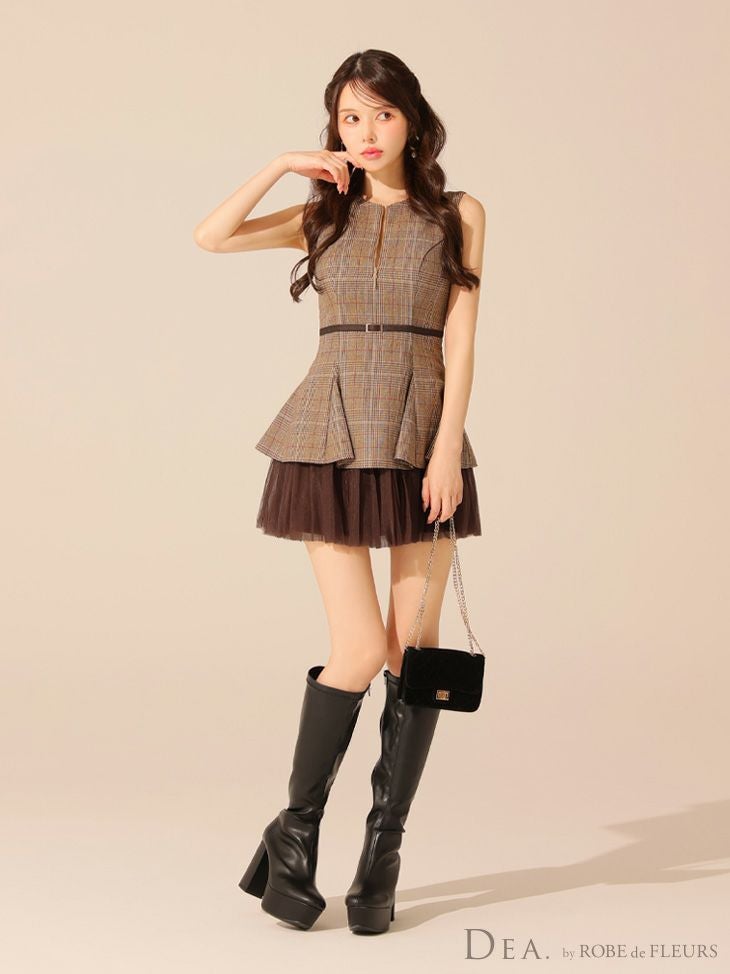 DEA. ディア バイ ローブドフルール チェックノースリーブベルトデザインチュールミニキャバドレス de3477-c