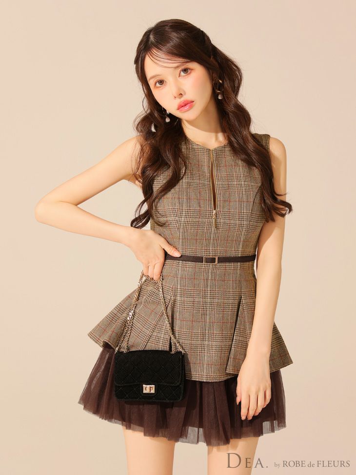 DEA. ディア バイ ローブドフルール チェックノースリーブベルトデザインチュールミニキャバドレス de3477-c