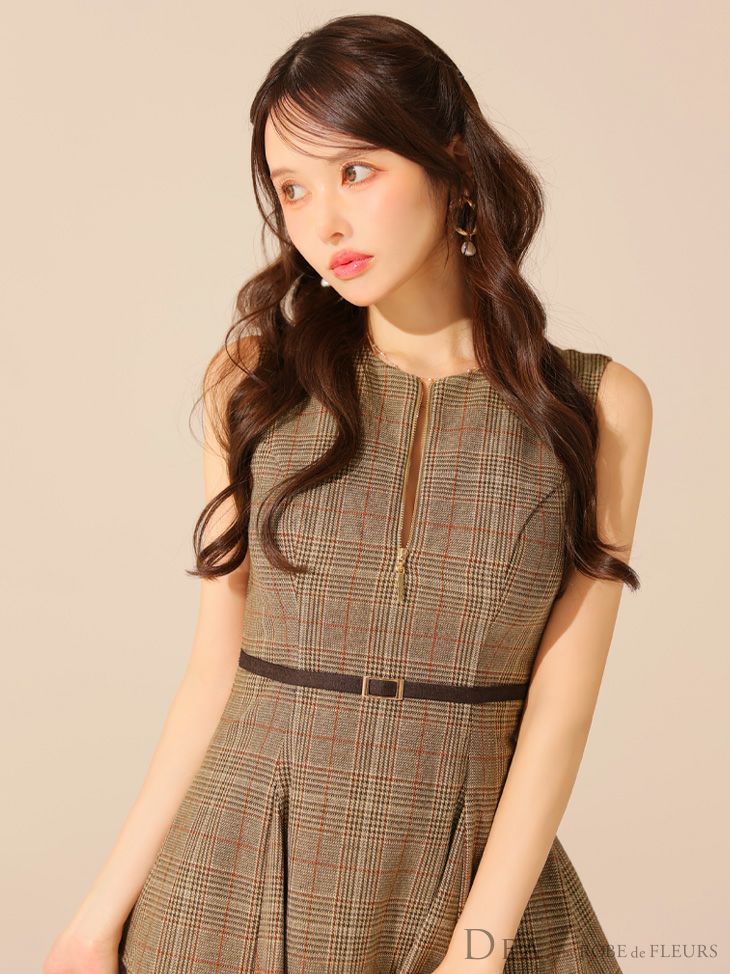 DEA. ディア バイ ローブドフルール チェックノースリーブベルトデザインチュールミニキャバドレス de3477-c