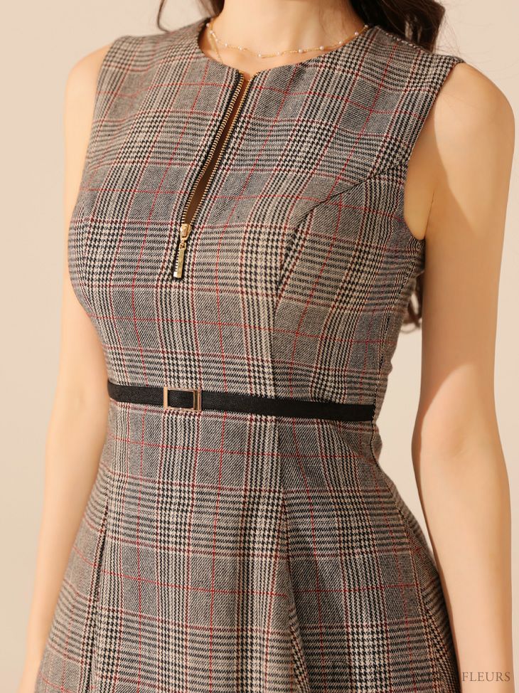 DEA. ディア バイ ローブドフルール チェックノースリーブベルトデザインチュールミニキャバドレス de3477-c
