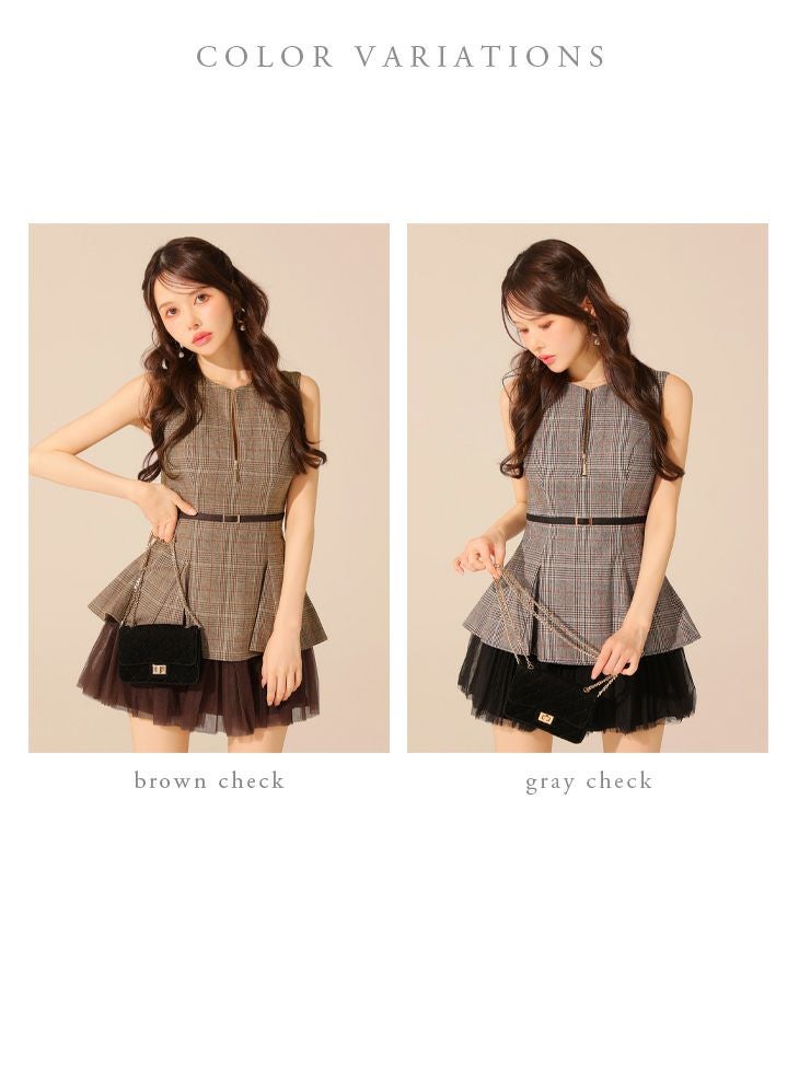 DEA. ディア バイ ローブドフルール チェックノースリーブベルトデザインチュールミニキャバドレス de3477-c