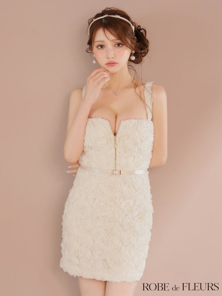 ROBE de FLEURS ローブドフルール ガーリーローズレースサテンミニキャバドレス fm4203