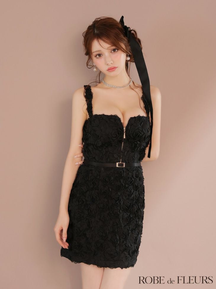ROBE de FLEURS ローブドフルール ガーリーローズレースサテンミニキャバドレス fm4203