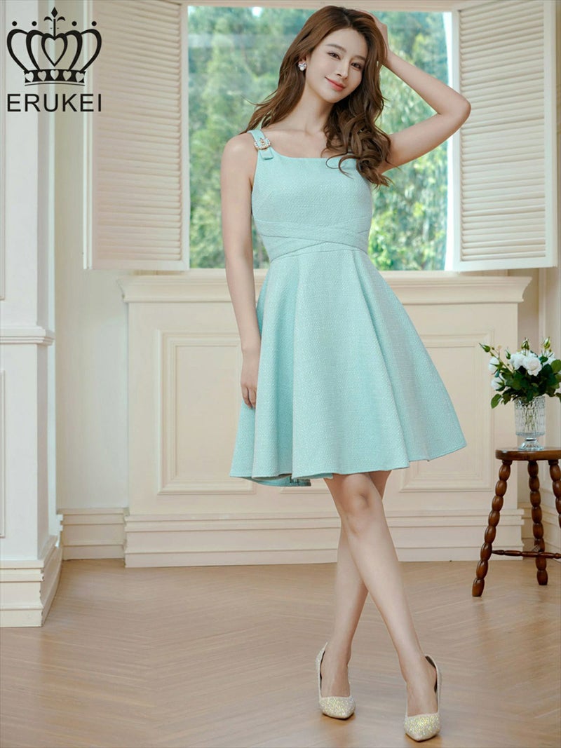 ERUKEI エルケイ グリーン ノースリーブ・ベルト風・サマーツイード・Aライン・ミニドレス・ワンピース ek-e24208