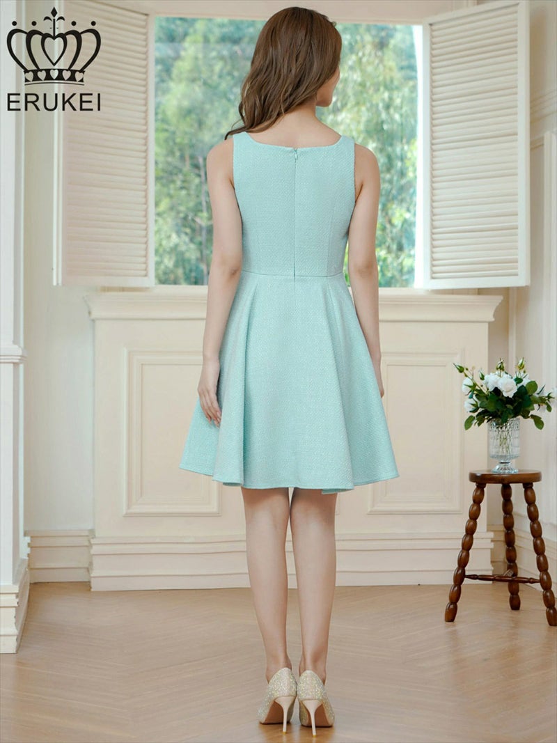 ERUKEI エルケイ グリーン ノースリーブ・ベルト風・サマーツイード・Aライン・ミニドレス・ワンピース ek-e24208
