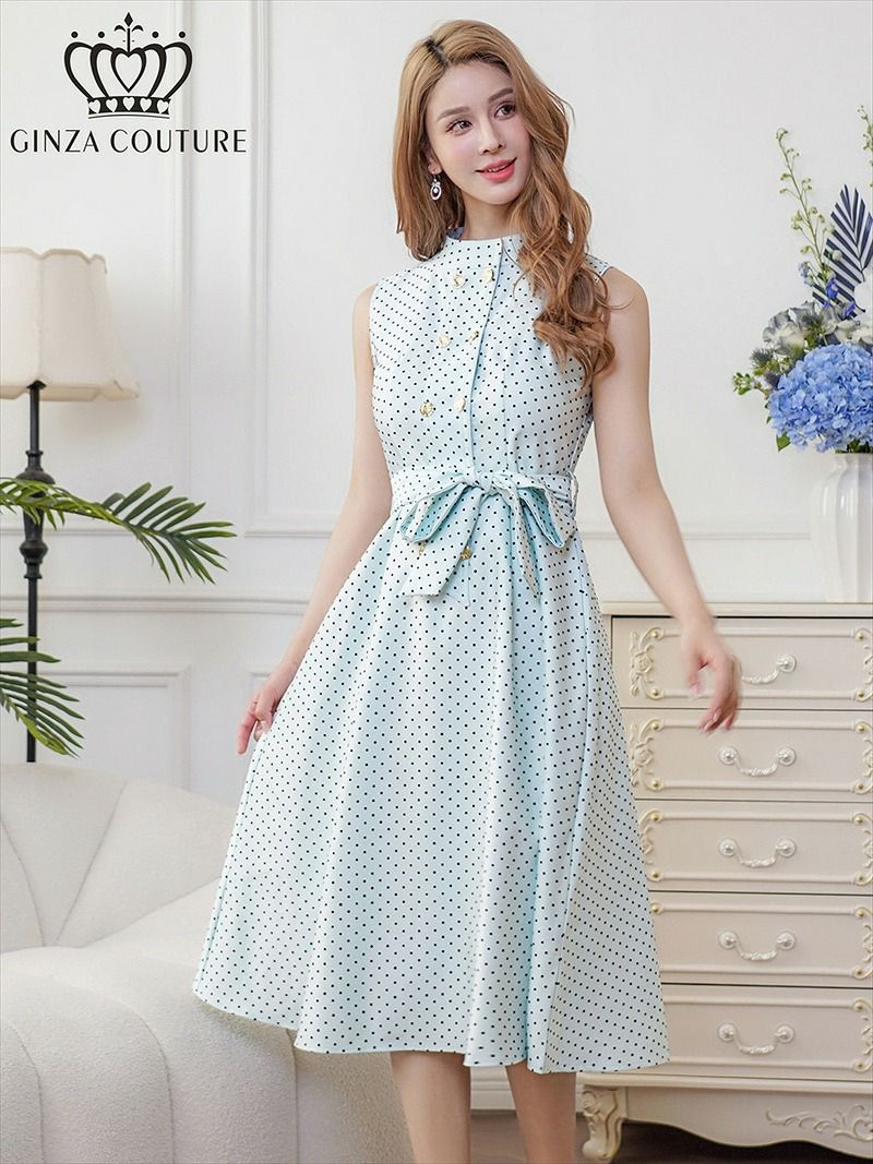 ERUKEI エルケイ ドット・金ボタン・ポケット・リボンベルト・ノースリーブ・Aライン・ミディアムドレス・ワンピース ek-c36005a
