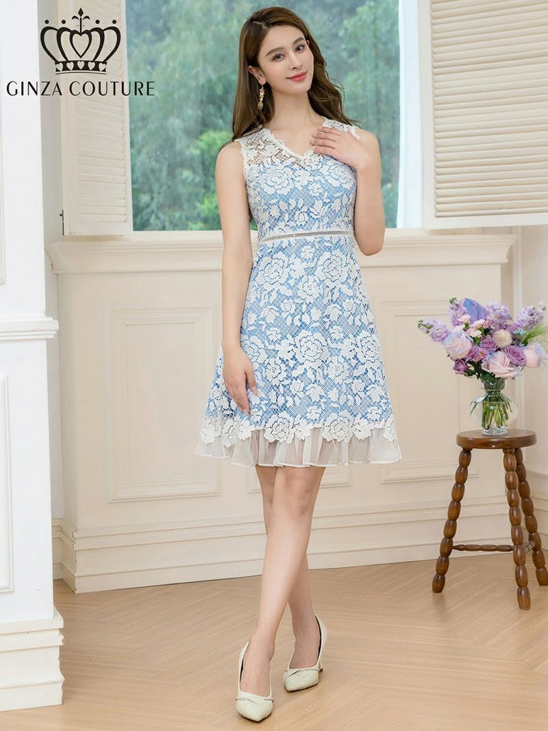  ERUKEI エルケイ レース・Vネック・ノースリーブ・切替・Aライン・ミニドレス・ワンピース ek-c24130