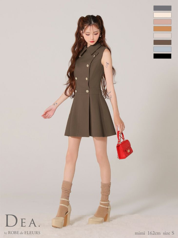 DEA. ディア バイ ローブドフルール 襟付きノースリーブダブルボタンフレアミニキャバドレス de3365