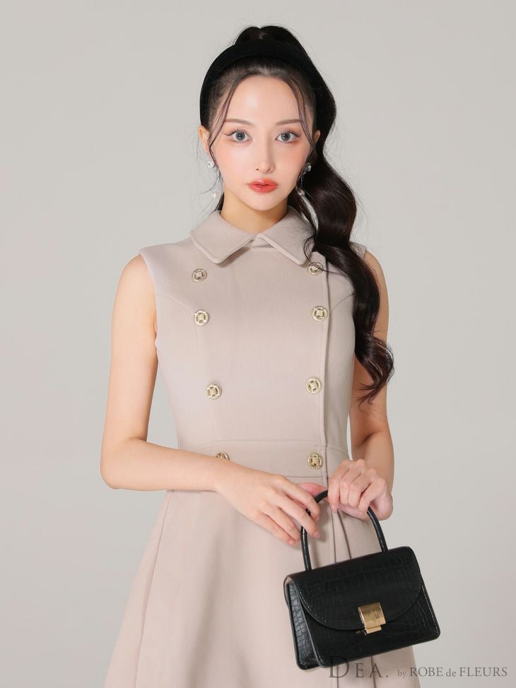 DEA. ディア バイ ローブドフルール 襟付きノースリーブダブルボタンフレアミニキャバドレス de3365