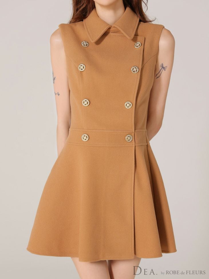 DEA. ディア バイ ローブドフルール 襟付きノースリーブダブルボタンフレアミニキャバドレス de3365