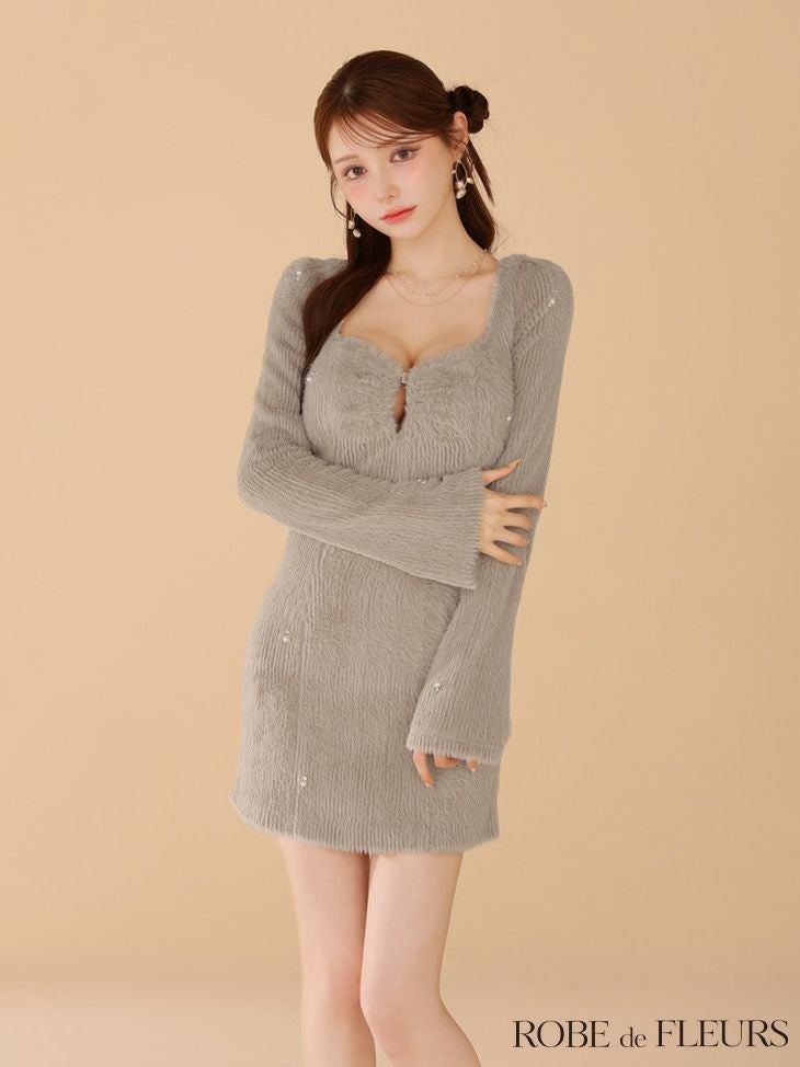 ROBE de FLEURS ローブドフルール フェザーニットパール付きタイトミニキャバドレス fm3475-c