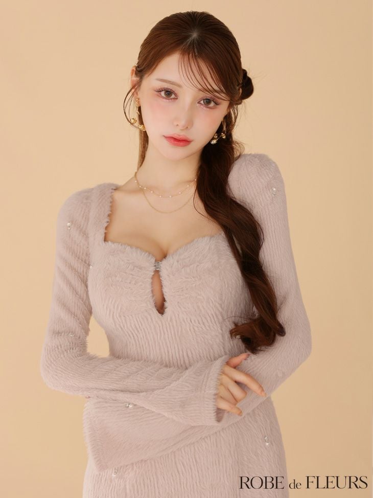 ROBE de FLEURS ローブドフルール フェザーニットパール付きタイトミニキャバドレス fm3475-c