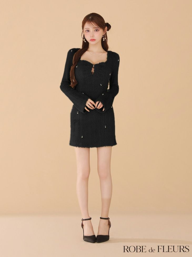ROBE de FLEURS ローブドフルール フェザーニットパール付きタイトミニキャバドレス fm3475-c
