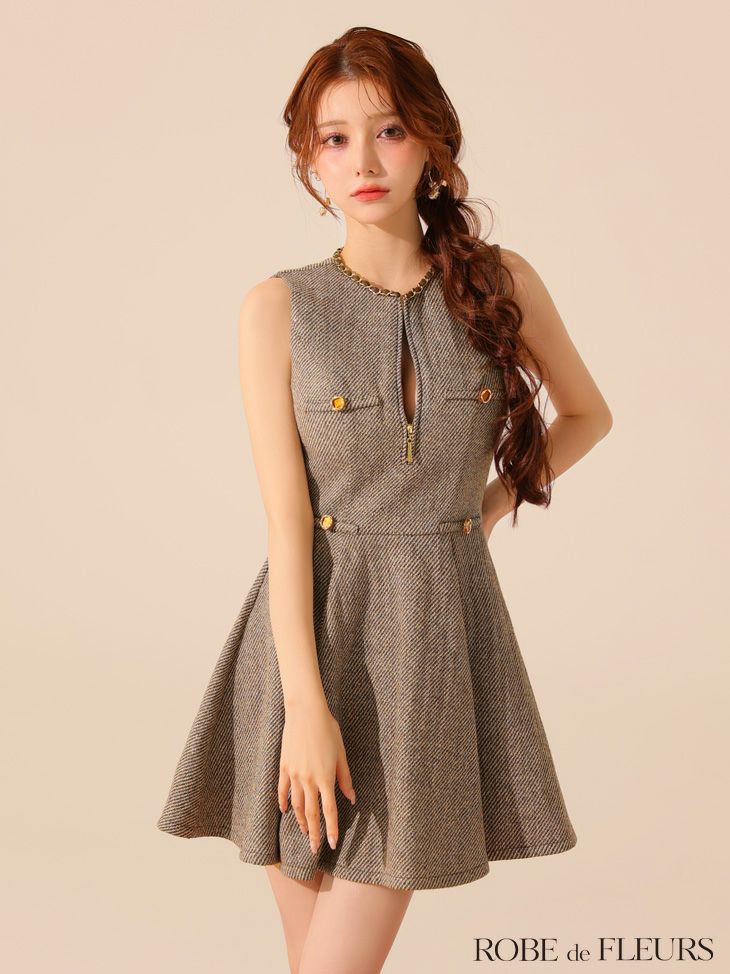 ROBE de FLEURS ローブドフルール 【XS～Lサイズあり】ゴールドボタンラメツイードフレアミニキャバドレス fm4128-c