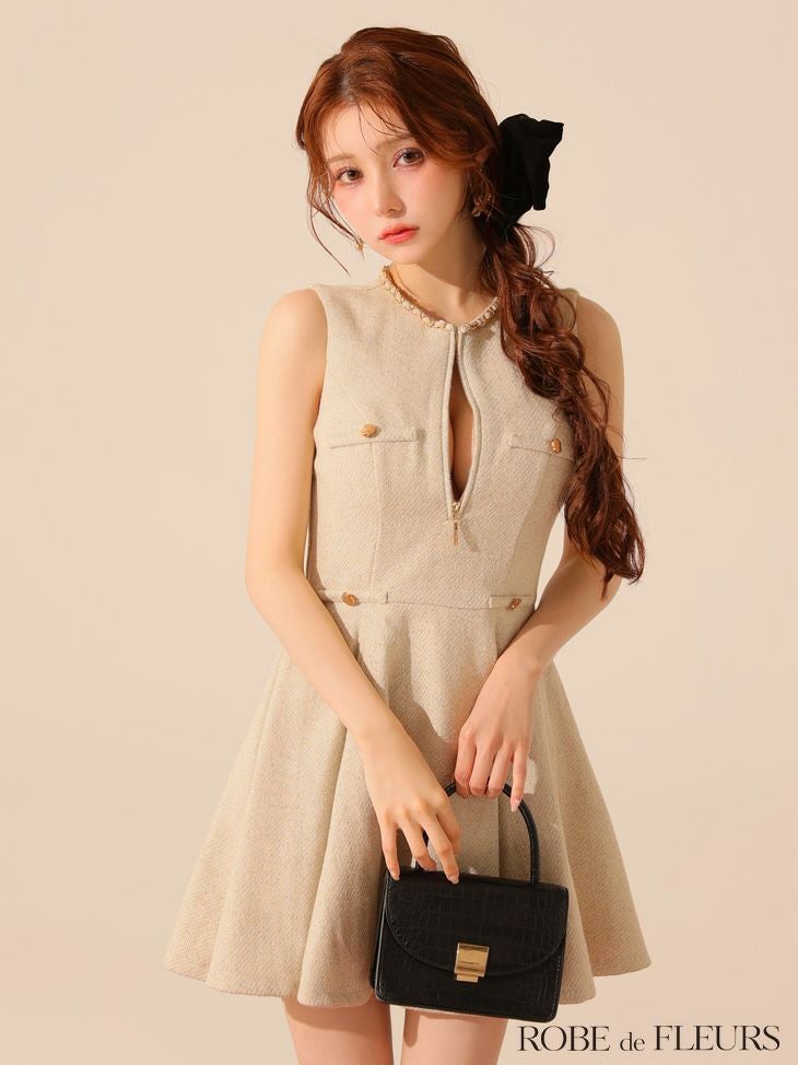 ROBE de FLEURS ローブドフルール 【XS～Lサイズあり】ゴールドボタンラメツイードフレアミニキャバドレス fm4128-c