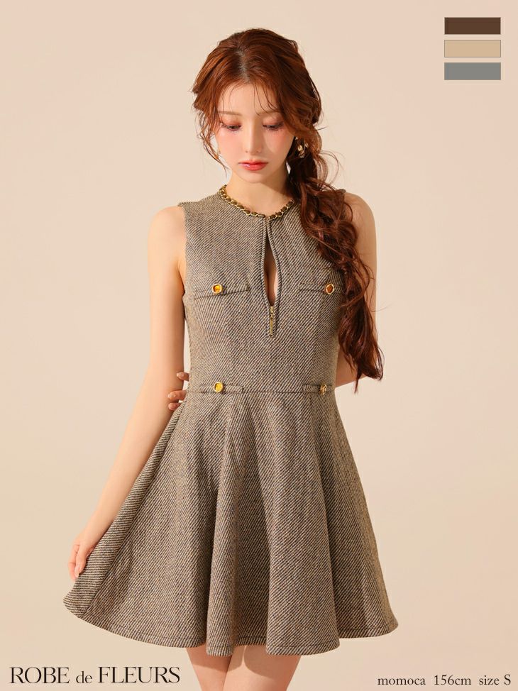 ROBE de FLEURS ローブドフルール ゴールドボタンラメツイードフレアミニキャバドレス fm4128