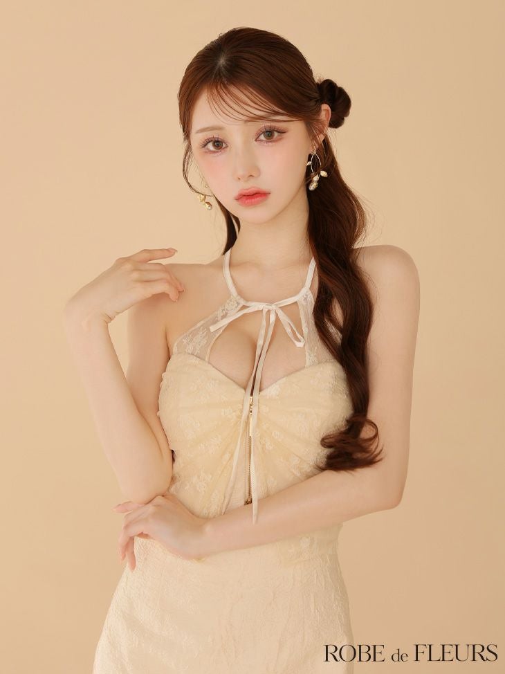ROBE de FLEURS ローブドフルール 【XSサイズあり】ジャガードホルターリボンセットアップミニキャバドレス fm4201ROBE de FLEURS ローブドフルール 【XSサイズあり】ジャガードホルターリボンセットアップミニキャバドレス fm4201