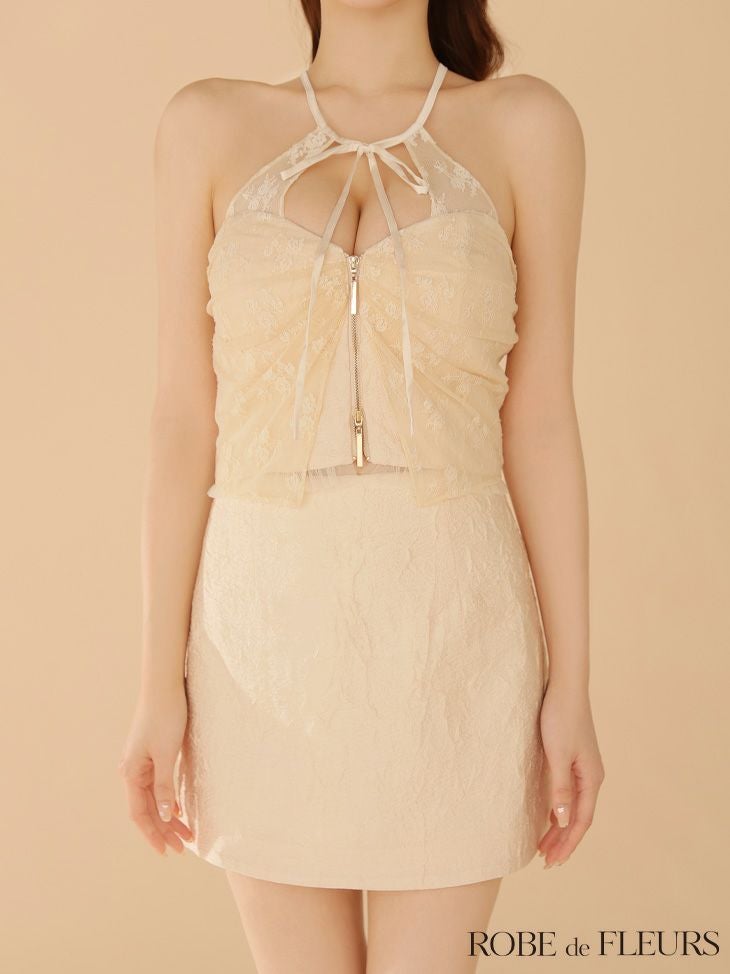ROBE de FLEURS ローブドフルール 【XSサイズあり】ジャガードホルターリボンセットアップミニキャバドレス fm4201